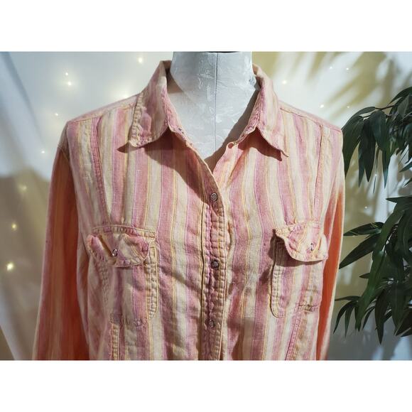 Chicos Vtg Linen Striped Snap Shirt Womens Size 3 US XL 16 Beach Sunset Orange - Picture 2 of 10
